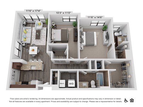 Floor plan for 2 beds, 2 baths, 1014 sqft